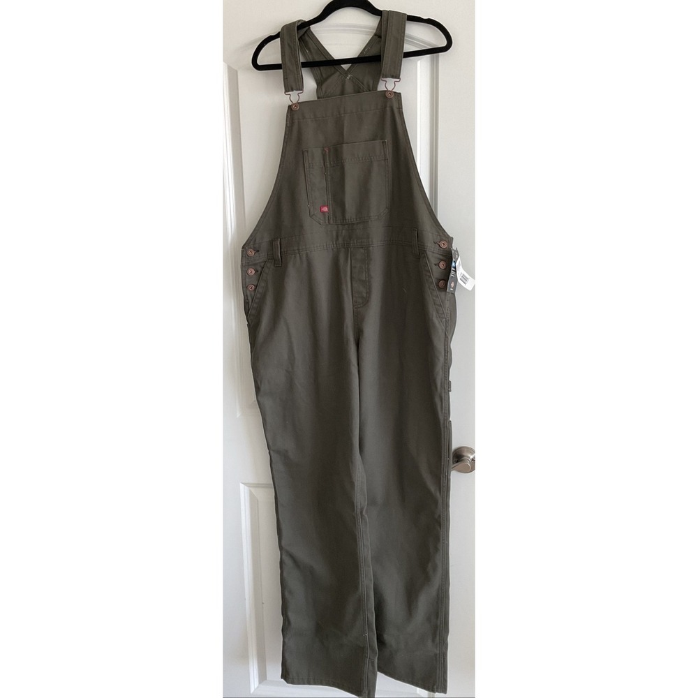 Dickies Womens Relaxed Fit Straight Leg Bib Overalls Moss Green Duck Canvas XL